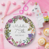 紫エレガント水彩フローラ75誕生日 ペーパープレート (パーティー)