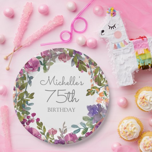 紫エレガント水彩フローラ75誕生日 ペーパープレート (パーティー)