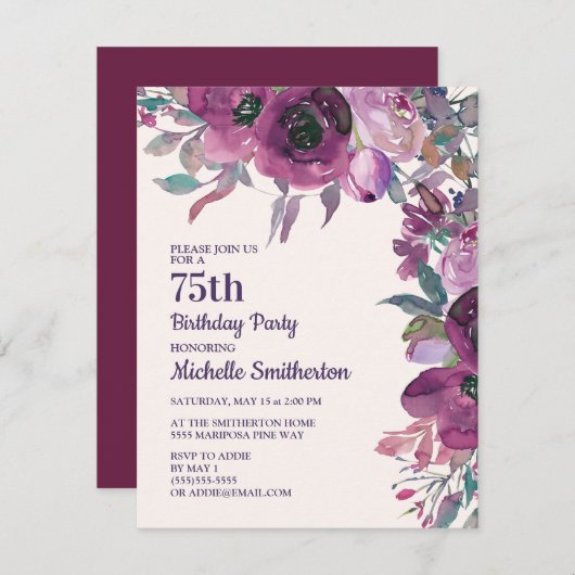 紫エレガント水彩フローラ75誕生日 招待状 (正面/裏面)