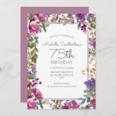 紫エレガント水彩フローラ75誕生日 招待状 (正面/裏面)