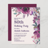 紫エレガント水彩フローラ80誕生日 招待状 (正面/裏面)