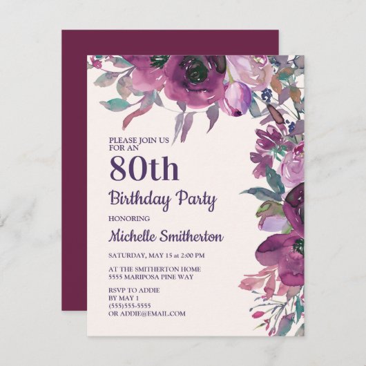 紫エレガント水彩フローラ80誕生日 招待状 (正面/裏面)