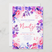 紫エレガント水彩フローラ90誕生日 招待状 (正面)