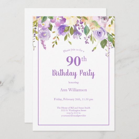 紫エレガント水彩フローラ90誕生日 招待状 (正面/裏面)