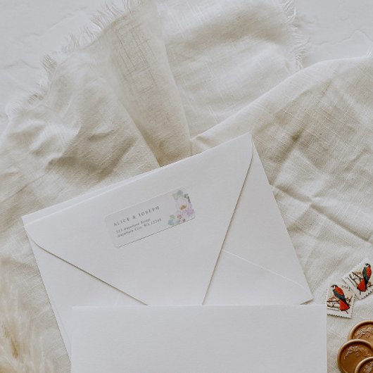 紫エレガント水彩花と緑結婚色 ラベル