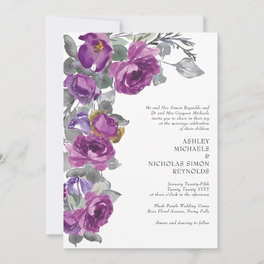紫エレガント水彩花フォーマル結婚の 招待状 (正面)