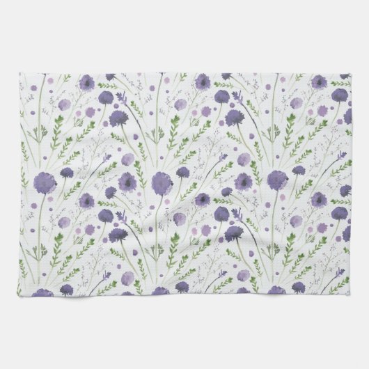 紫エレガント水彩花模様 キッチンタオル (横)