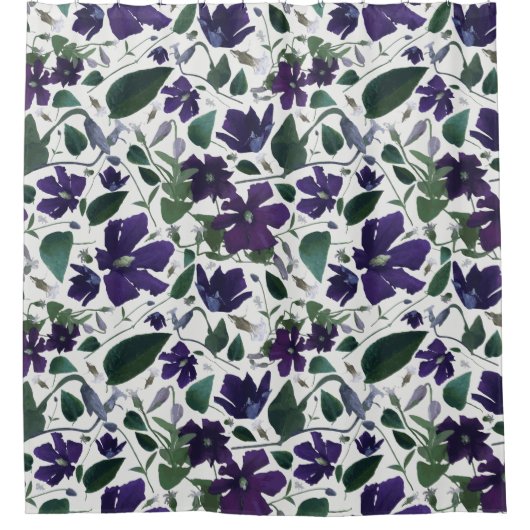 紫エレガント水彩花模様 シャワーカーテン (正面)