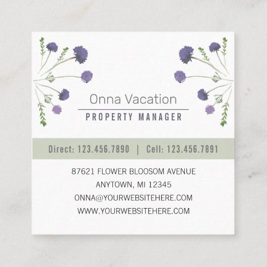 紫エレガント水彩花模様 スクエア名刺 (裏面)