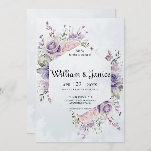 紫エレガント水彩花結婚の 招待状 (正面/裏面)