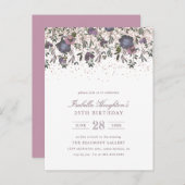 紫エレガント水色フローラドロップ誕生日 インビテーションポストカード (正面/裏面)