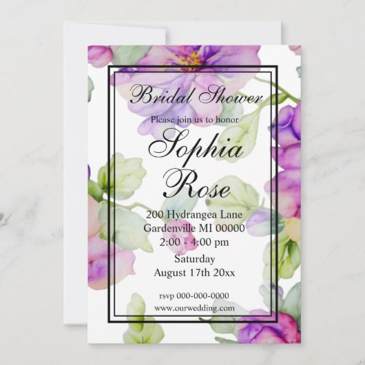 紫エレガント水色フローラブライダルシャワー 招待状 (正面)