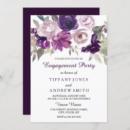 紫エレガント水色フローラ婚約パーティ 招待状