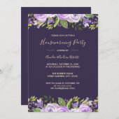 紫エレガント水色フローラ引っ越し祝いパーティー 招待状 (正面/裏面)