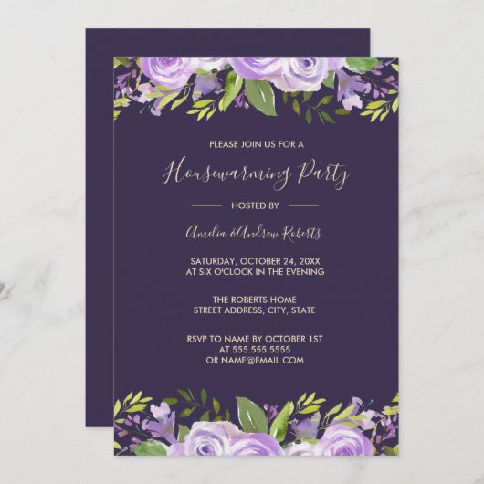 紫エレガント水色フローラ引っ越し祝いパーティー 招待状