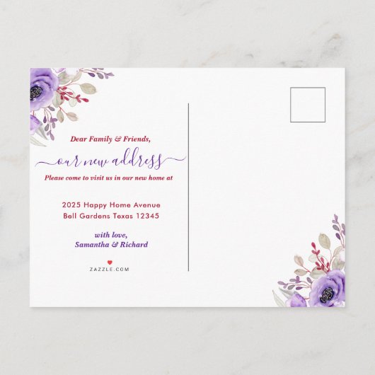 紫エレガント水色フローラ新しい住所 案内ポストカード (裏面)