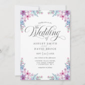 紫エレガント水色フローラ結婚の 招待状 (正面)