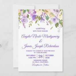 紫エレガント水色フローラ結婚の 招待状