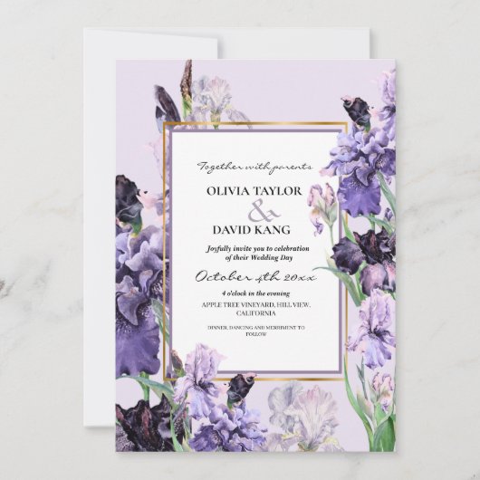 紫エレガント水色フローラ結婚の 招待状 (正面)