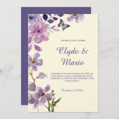 紫エレガント水色フローラ結婚の 招待状 (正面/裏面)