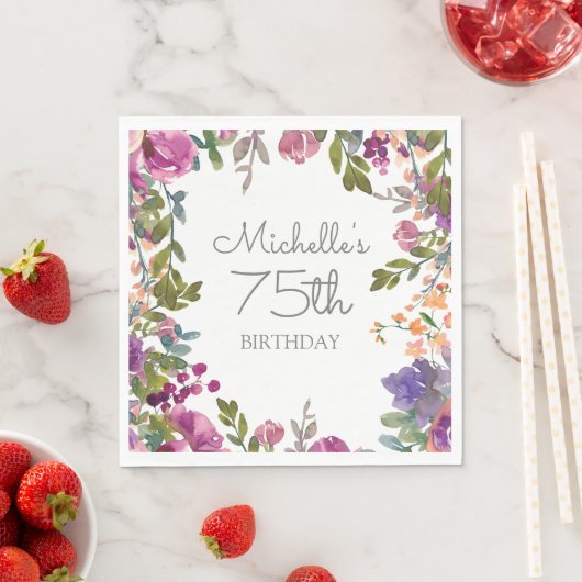 紫エレガント水色フローラ75誕生日Inv スタンダードランチョンナプキン (インサイチュ)