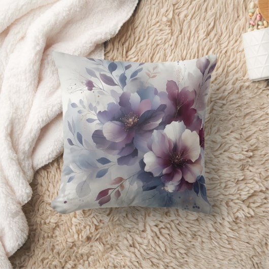 紫エレガント水色フローラ クッション (ブランケット)