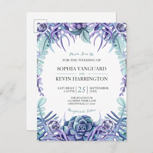 紫エレガント水色多肉性フローラ結婚ズ インビテーションポストカード (正面/裏面)