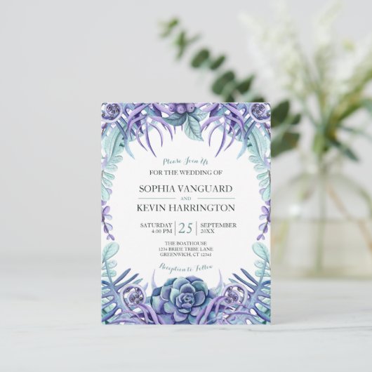 紫エレガント水色多肉性フローラ結婚ズ インビテーションポストカード (スタンド正面)