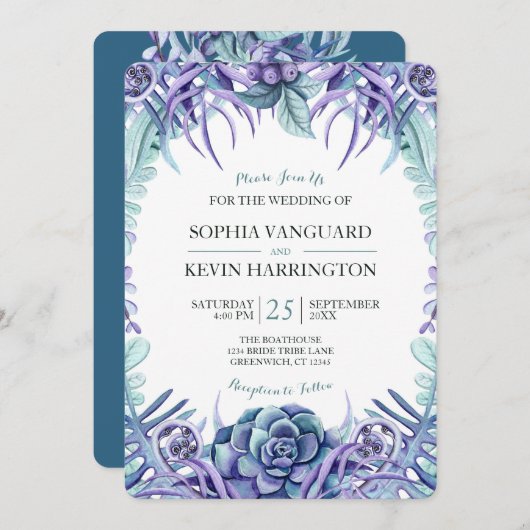 紫エレガント水色多肉性フローラ結婚ズ 招待状 (正面/裏面)