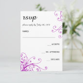紫エレガント渦巻き結婚式RSVPカード 出欠カード (スタンド正面)