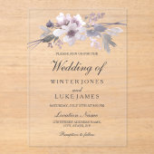 紫エレガント灰色の冬のフローラ結婚ズ アクリル招待状 (正面)