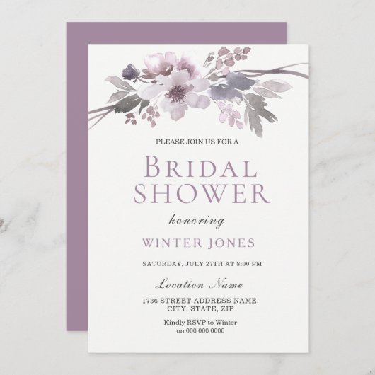紫エレガント灰色の冬の花ブライダルシャワー 招待状 (正面/裏面)