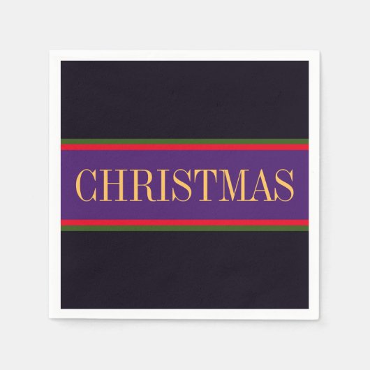 紫エレガント王室の黒のクリスマスストライプ スタンダードカクテルナプキン (正面)