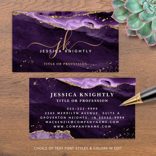 紫エレガント瑪瑙金ゴールドグリッタースクリプトモノグラム 名刺