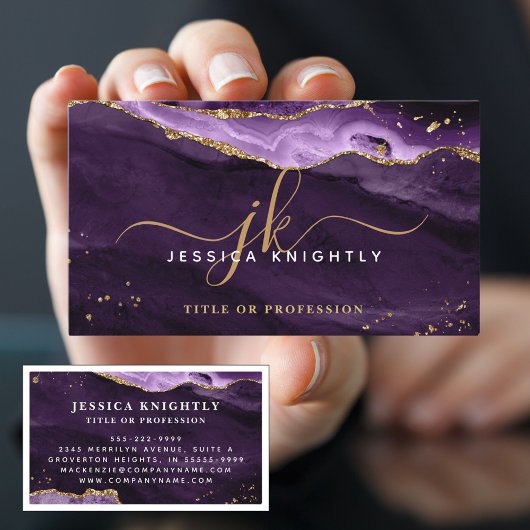 紫エレガント瑪瑙金ゴールドグリッタースクリプトモノグラム 名刺