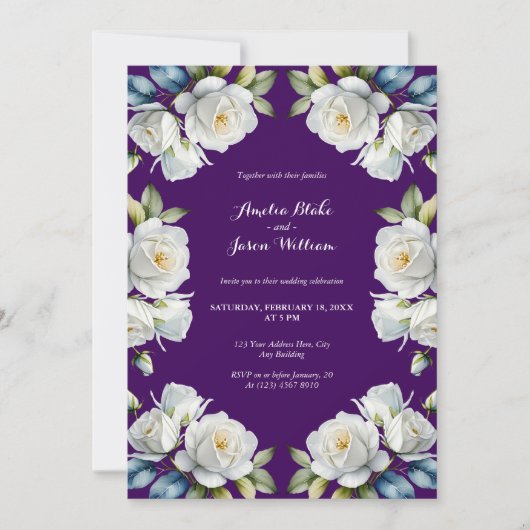 紫エレガント白バラフローラ縁ど結婚ズ 招待状 (正面)