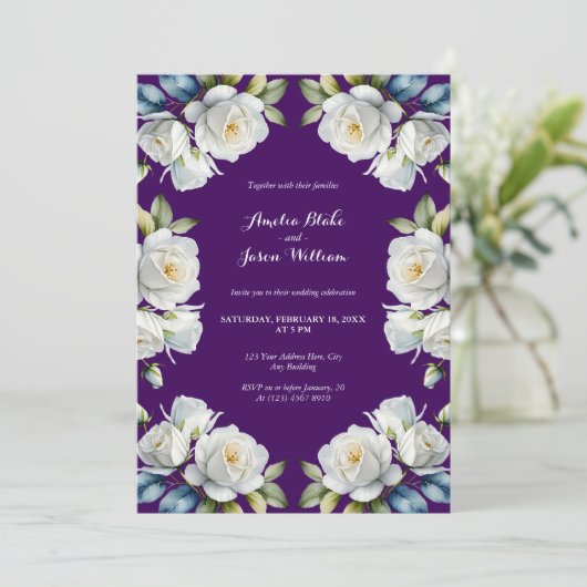 紫エレガント白バラフローラ縁ど結婚ズ 招待状 (スタンド正面)