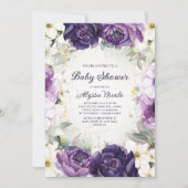 紫エレガント白フローラグリッターベビーシャワー 招待状 (正面)