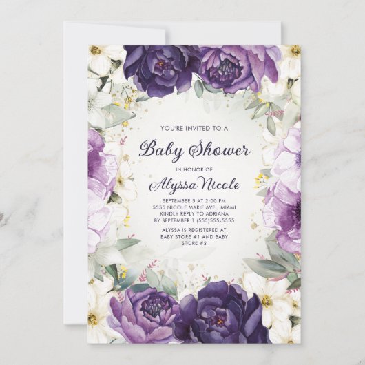 紫エレガント白フローラグリッターベビーシャワー 招待状 (正面)