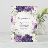紫エレガント白フローラグリッターベビーシャワー 招待状 (スタンド正面)