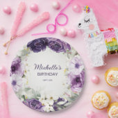 紫エレガント白フローラグリッター誕生日名 ペーパープレート (パーティー)