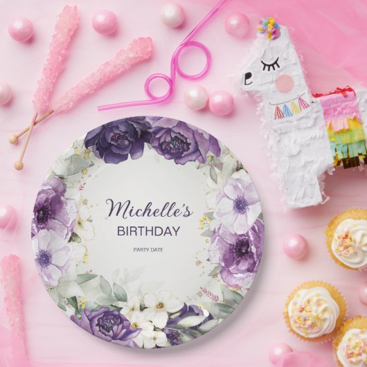 紫エレガント白フローラグリッター誕生日名 ペーパープレート (パーティー)