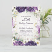 紫エレガント白フローラグリッター60誕生日 招待状 (スタンド正面)