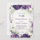紫エレガント白フローラグリッター70誕生日 招待状 (正面)