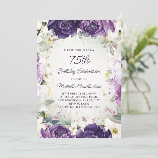 紫エレガント白フローラグリッター75誕生日 招待状 (スタンド正面)