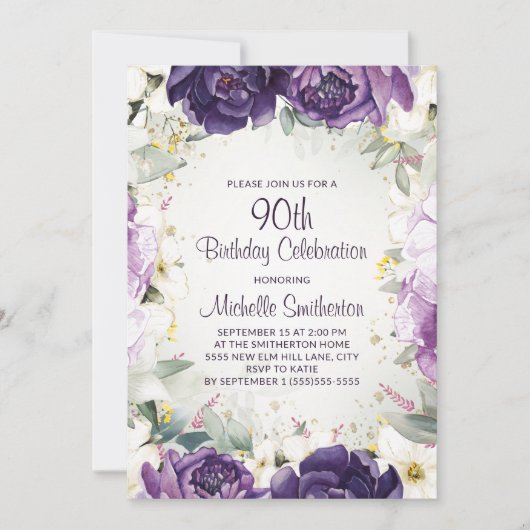 紫エレガント白フローラグリッター90誕生日 招待状 (正面)