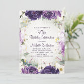 紫エレガント白フローラグリッター90誕生日 招待状 (スタンド正面)
