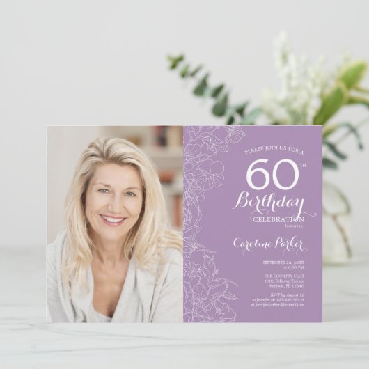 紫エレガント白フローラ写真60誕生日 招待状 (スタンド正面)