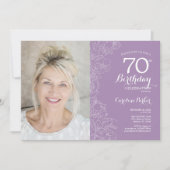紫エレガント白フローラ写真70誕生日 招待状 (正面)