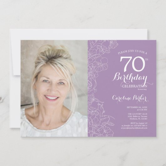 紫エレガント白フローラ写真70誕生日 招待状 (正面)